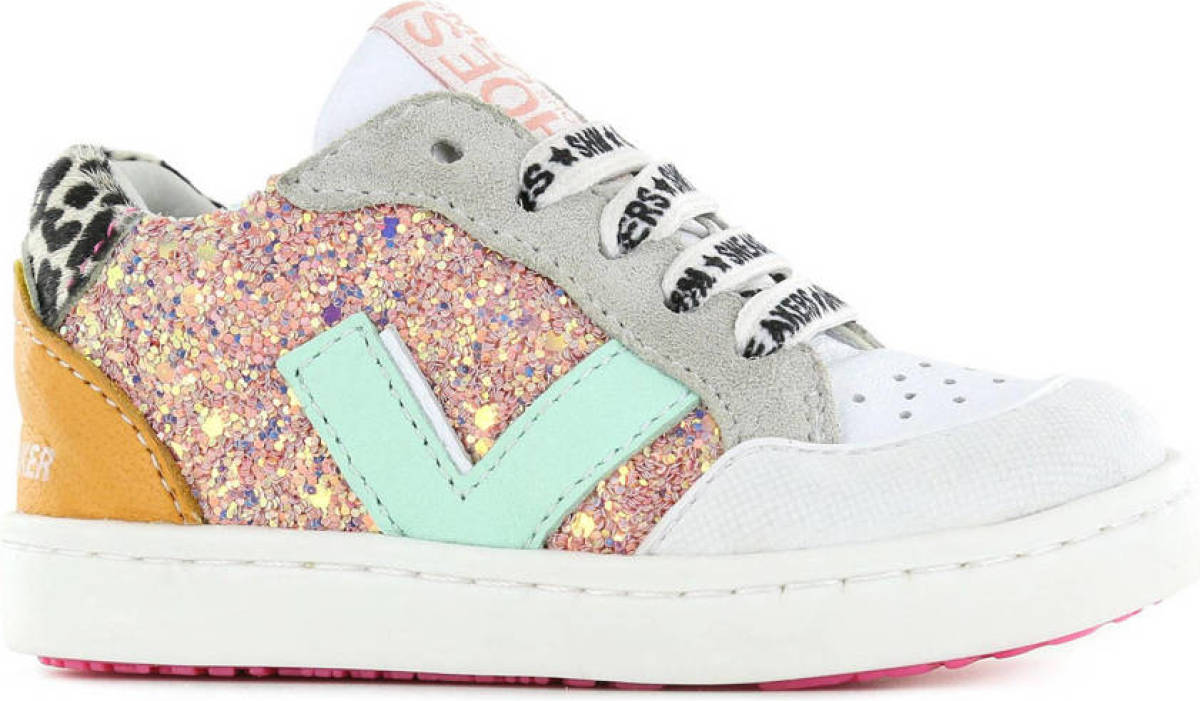 Shoesme UR22S043-F leren sneakers met glitters roze/multi