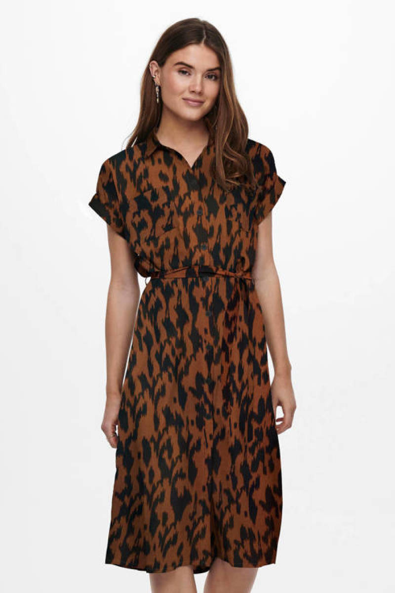Only blousejurk met ceintuur ONLHANNOVER bruin/zwart