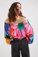 Desigual gebloemde off shoulder top roze/blauw/groen