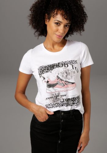 Aniston CASUAL 1418361537 T-shirt met glinstersteentjes gegarneerde frontprint met sneakers en statement-opschrift - nieuwe collectie