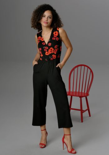 Aniston CASUAL Jumpsuit met gebloemde top in wikkel-look en unikleurige broek in culotte-model, nieuwe collectie