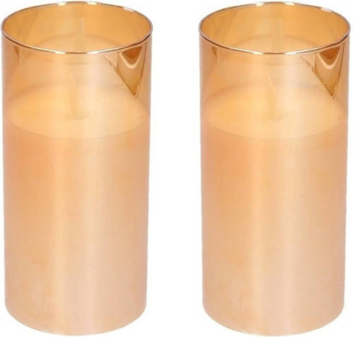 Bellatio Decorations Led Kaars/stompkaars In Gouden Glas 15 Cm Flakkerend 2 Stuks - Led Kaarsen