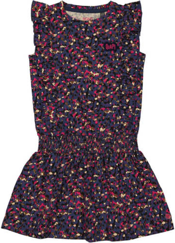 Quapi jurk Whitney met all over print en ruches donkerblauw/fuchsia