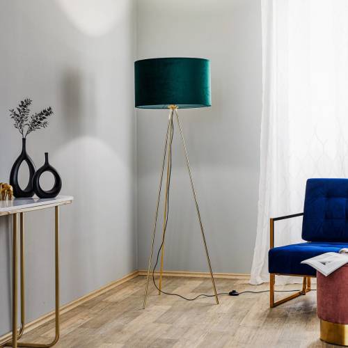 Domiluce Vloerlamp Monaco, driebeen goud, groene fluweel