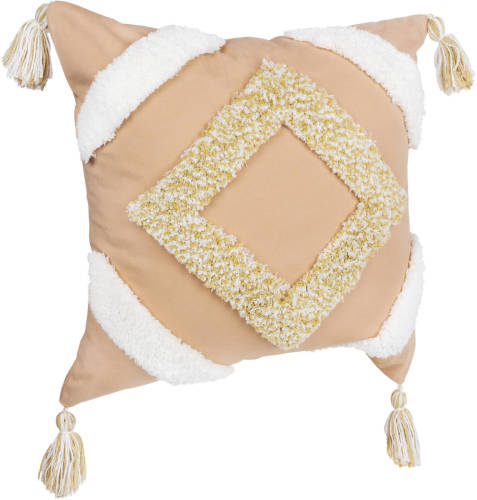 QUVIO Sierkussen Gevuld Met Ruit Patroon En Franjes - 45 X 45cm - Peach / Beige