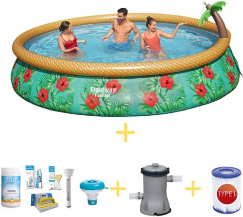 Bestway Zwembad - Fast Set - Paradijs Bloemen - 457 X 84 Cm - Inclusief Ways Onderhoudspakket, Filterpomp & Filter