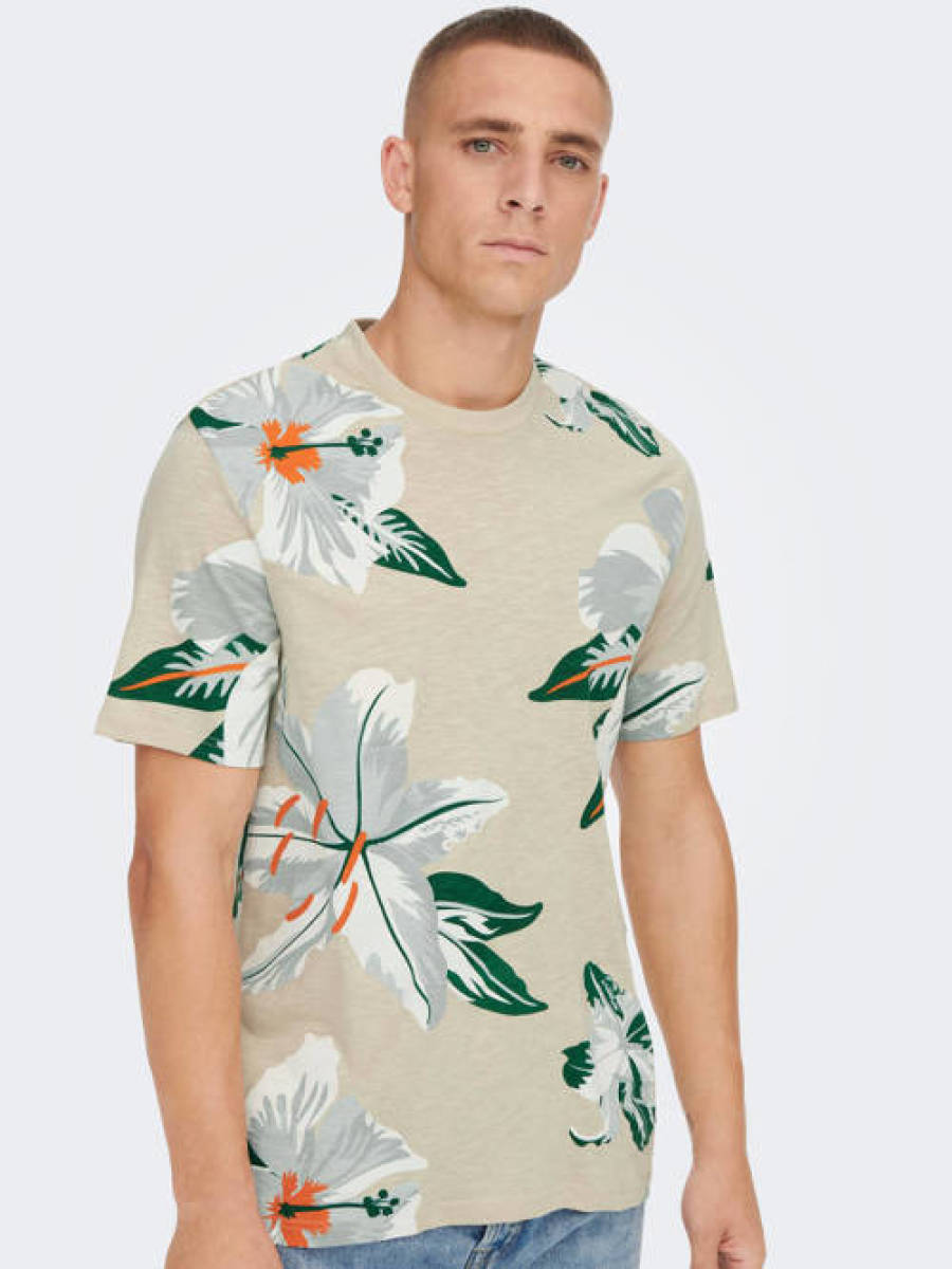 ONLY & SONS gebloemd regular fit T-shirt ONSKLOP silver lining