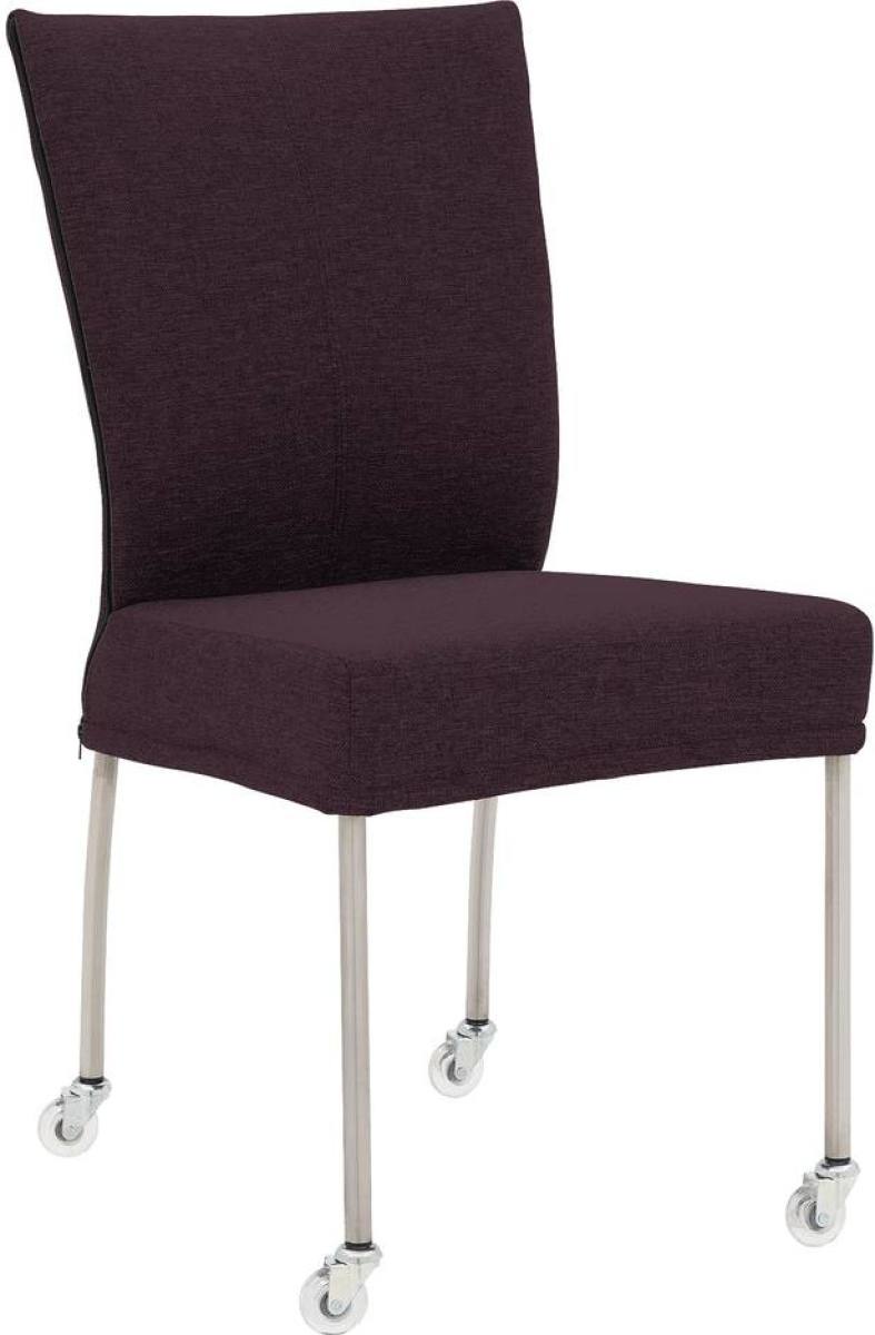 Goossens Eetkamerstoel Funk RVS Poten roze stof leuning en Transparant skater wiel met rvs kapmet wielen, modern design