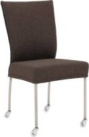 Goossens Eetkamerstoel Funk RVS Poten bruin stof leuning en met wielenTransparant skater wiel met rvs kap, modern design