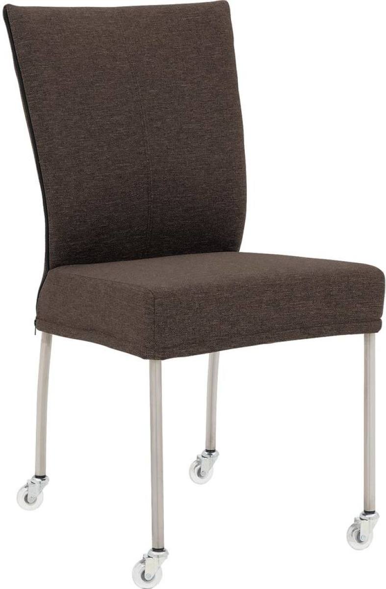 Goossens Eetkamerstoel Funk RVS Poten bruin stof leuning en met wielenTransparant skater wiel met rvs kap, modern design