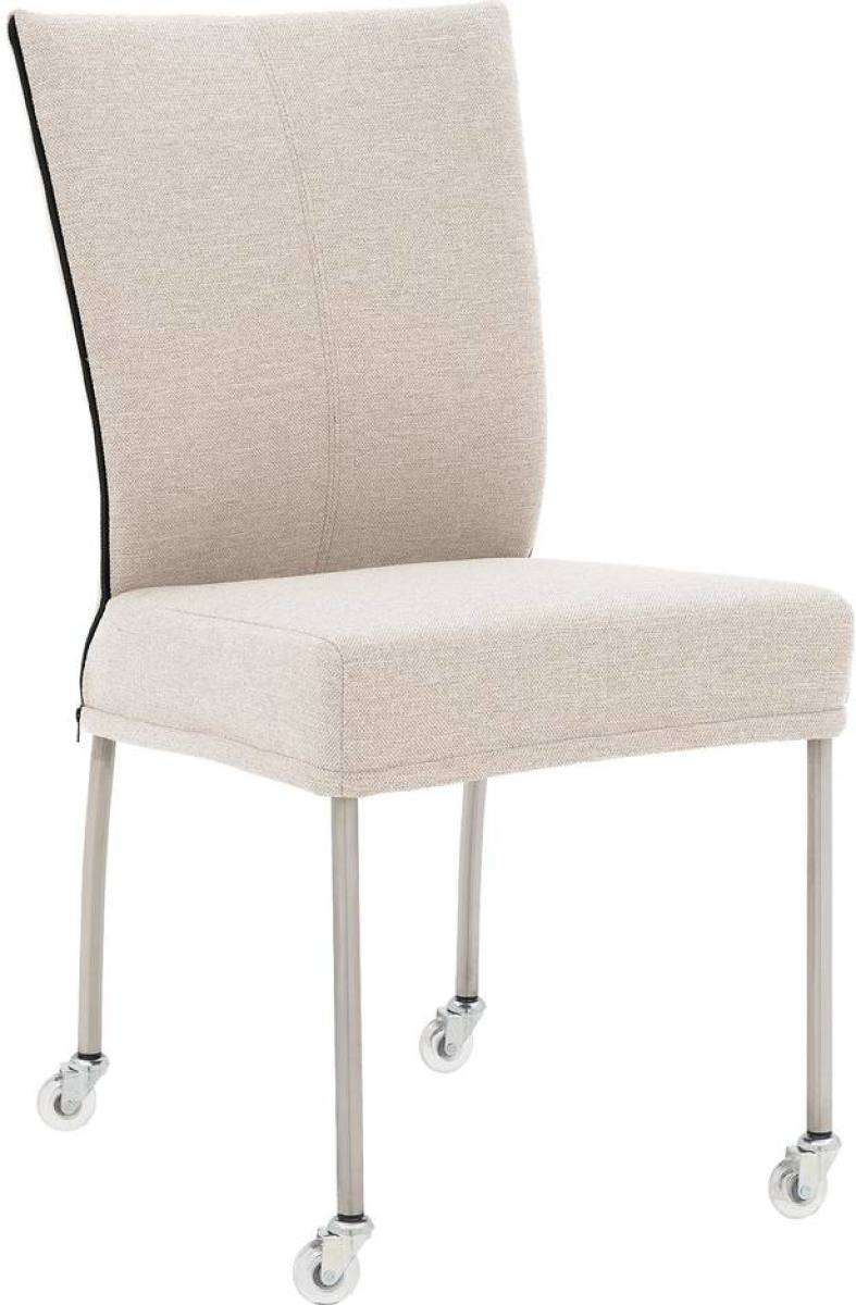 Goossens Eetkamerstoel Funk RVS Poten lichtgrijs stof leuning en met wielenTransparant skater wiel met rvs kap, modern design