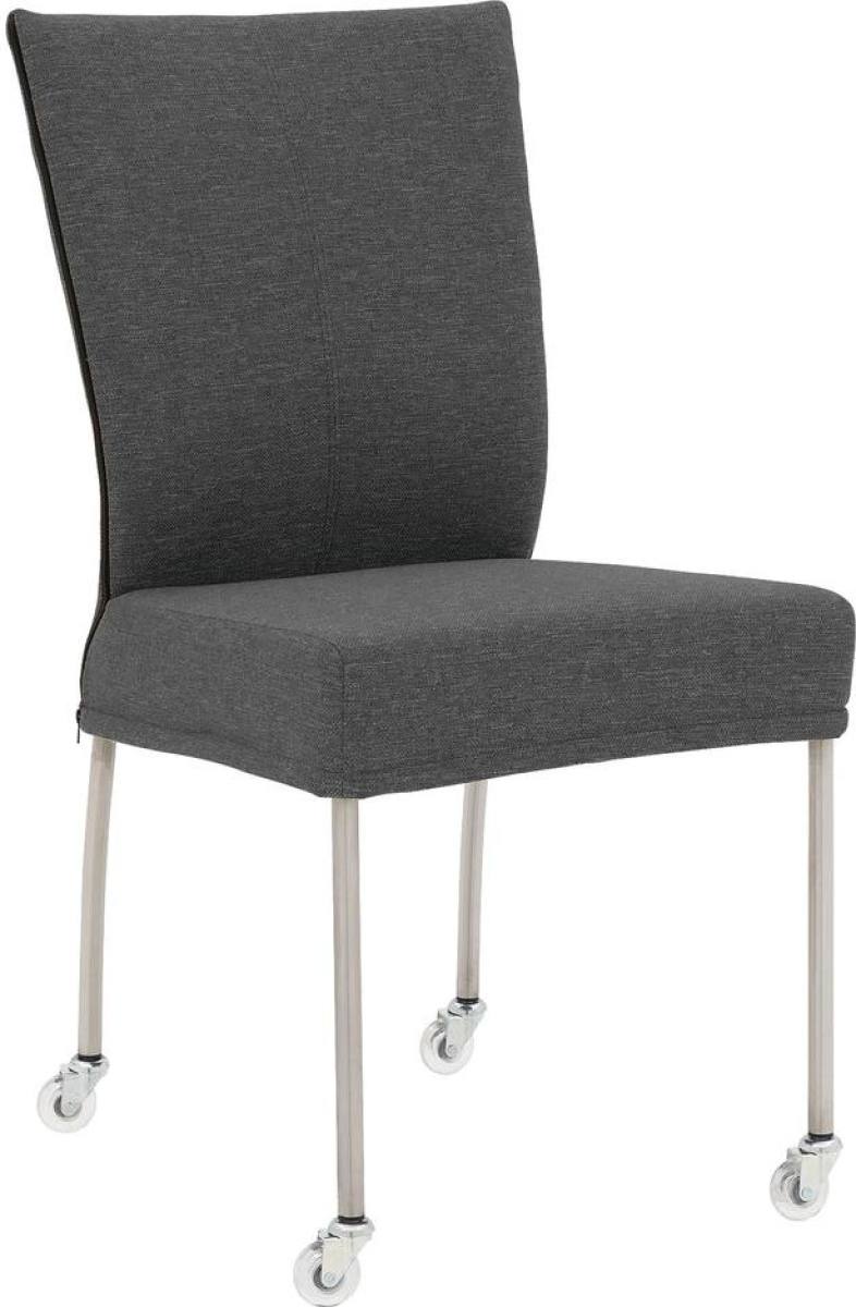 Goossens Eetkamerstoel Funk RVS Poten donkergrijs stof leuning en met wielenTransparant skater wiel met rvs kap, modern design