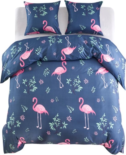 VidaXL Dekbedovertrekset flamingo 200x200/80x80 cm marineblauw/roze