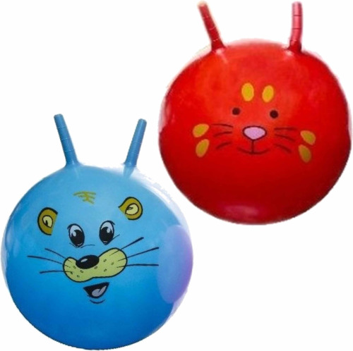 Merkloos 2x stuks speelgoed Skippyballen met dieren gezicht rood en blauw 46 cm