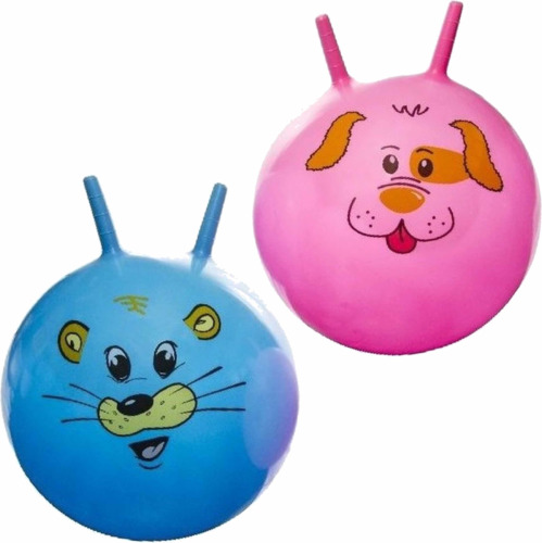 Merkloos 2x stuks speelgoed Skippyballen met dieren gezicht roze en blauw 46 cm