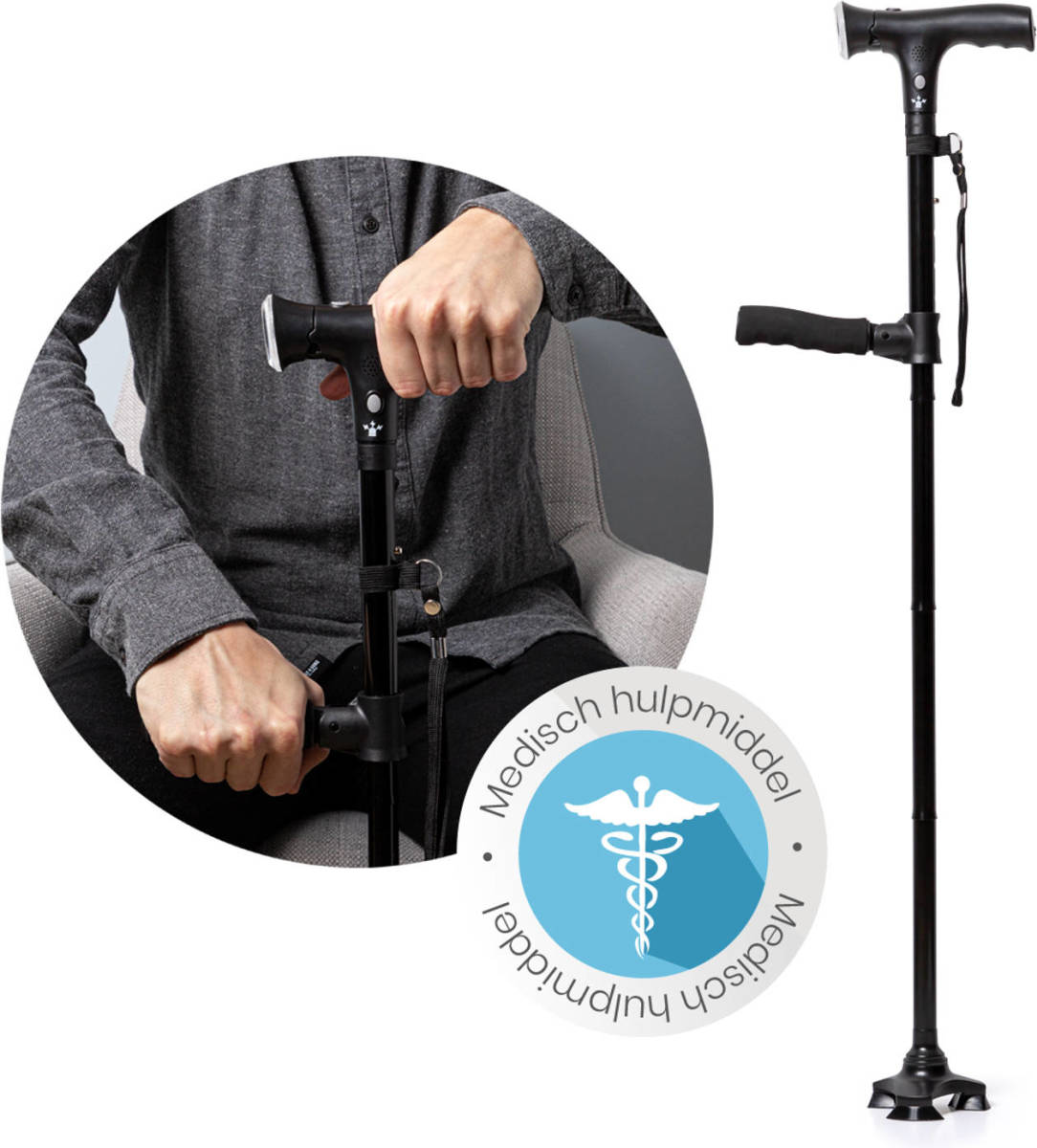 JML Vitadora Cane - Wandelstok - Met Led - Opvouwbaar - Extra Stabiliteit - Zwart