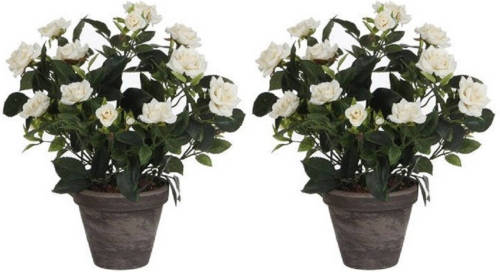 Mica Decorations 2x Witte Rozen Kunstplant 33 Cm In Pot Stan Grey - Kunstplanten/nepplanten