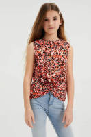 WE Fashion top met all over print en overslag detail koraalrood/wit/rood