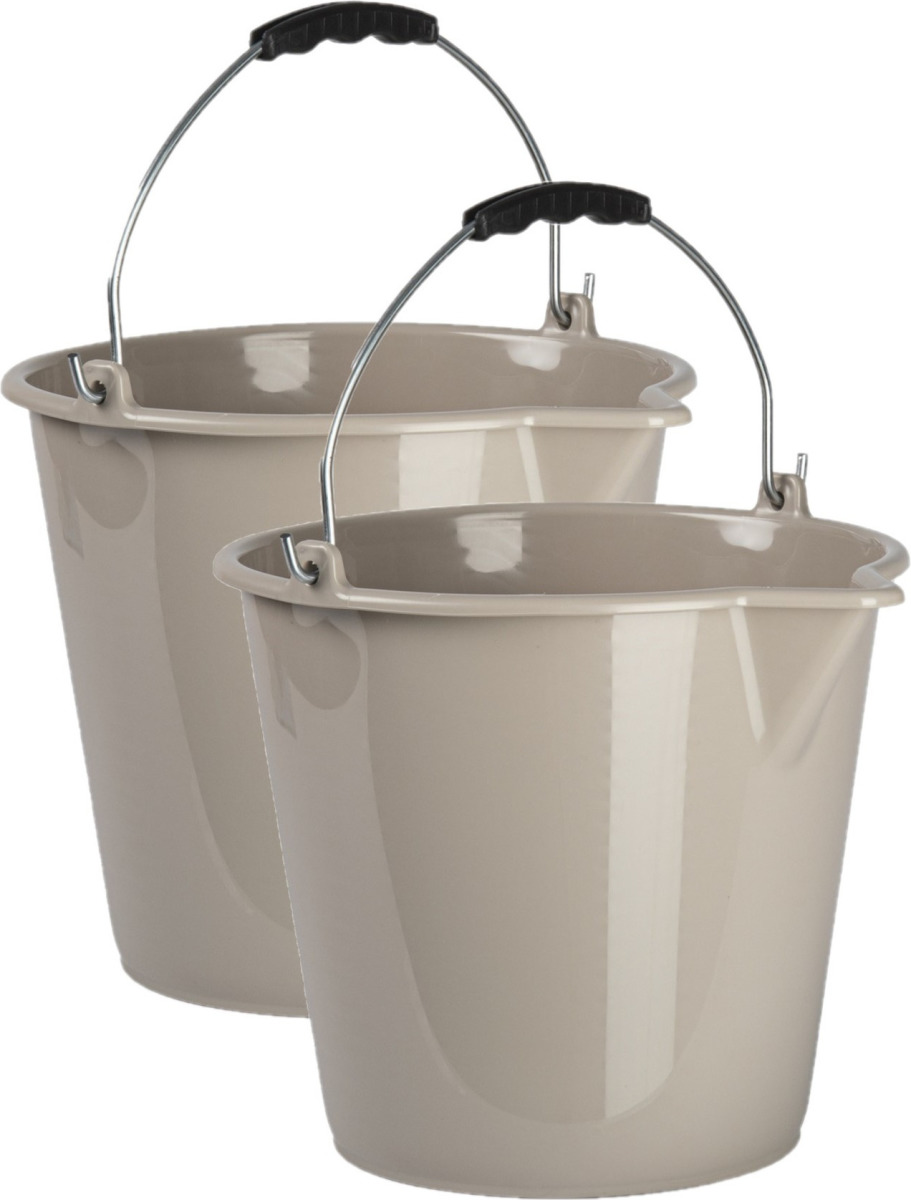 Forte Plastics 2x stuks huishoud schoonmaak emmers kunststof taupe 9 liter inhoud 30 x 26 cm