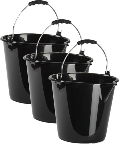 Forte Plastics 3x stuks huishoud schoonmaak emmers kunststof zwart 9 liter inhoud 30 x 26 cm