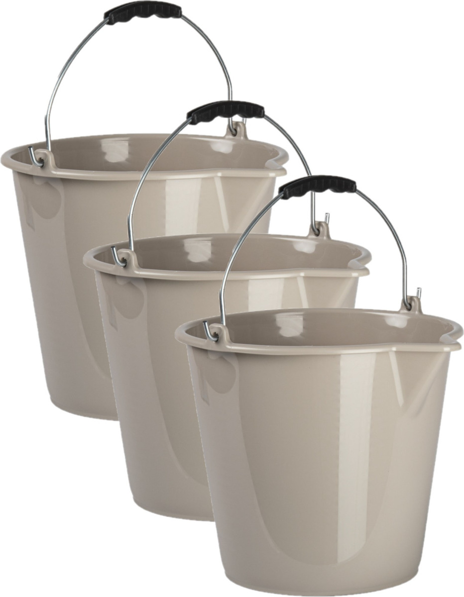 Forte Plastics 3x stuks huishoud schoonmaak emmers kunststof taupe 9 liter inhoud 30 x 26 cm