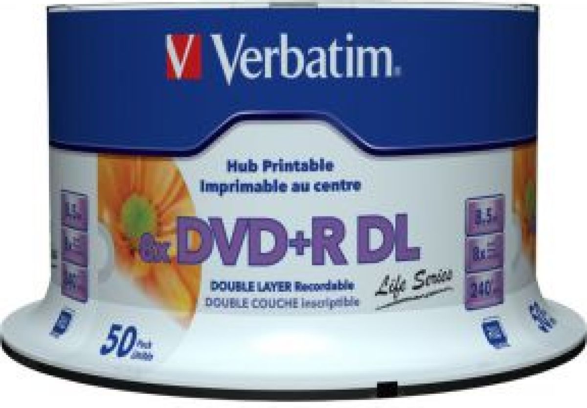 1x50 Verbatim DVDR DL wide pr. 8x Speed. 8.5GB Life Series