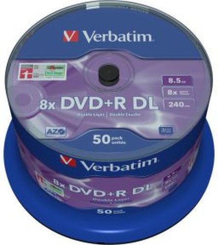 1x50 Verbatim DVDR dubbel laags 8x Speed. 8.5GB mat zilver