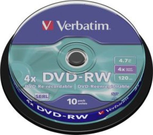 1x10 Verbatim DVD-RW 4.7GB 4x Speed. mat zilver Cakebox