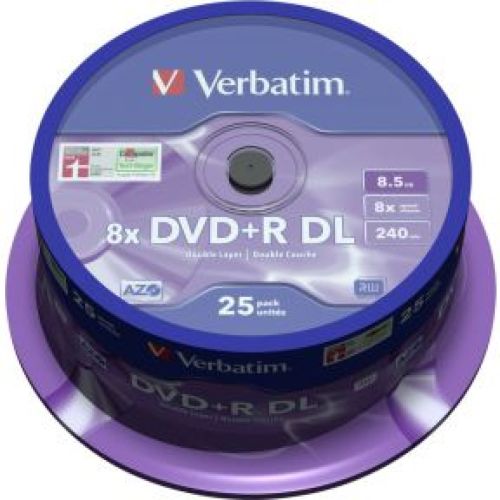 1x25 Verbatim DVDR double layer 8x Speed. 8.5GB mat zilver