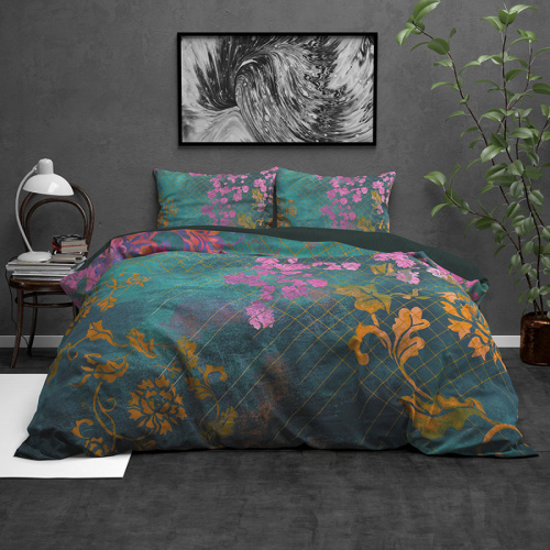 Wild Tiran Flower - Groen - Verwarmd Flanel 2-persoons (200 x 220 cm + 2 kussenslopen) Dekbedovertrek