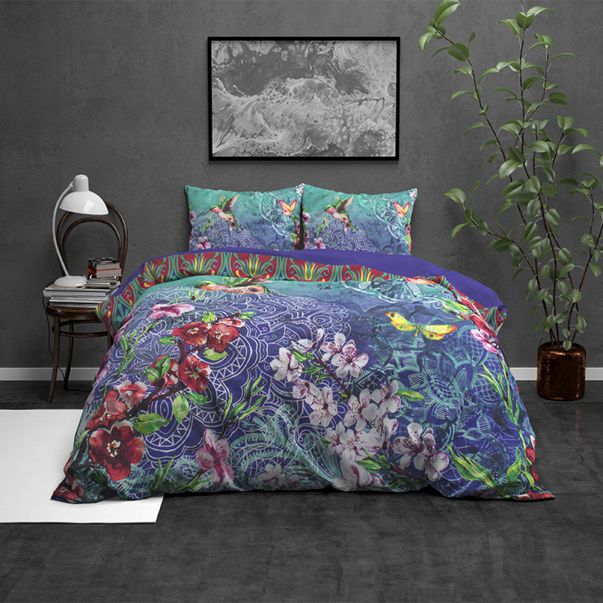 Wild Brenda - Blauw - Verwarmd Flanel 2-persoons (200 x 220 cm + 2 kussenslopen) Dekbedovertrek