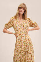 Mango jurk met all over print en ceintuur geel/oranje/roze/groen