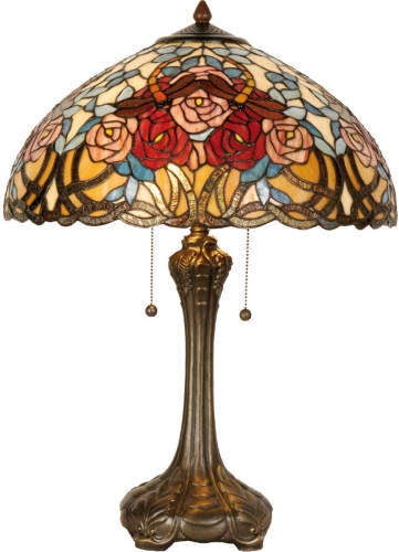Clayre & Eef Tafellamp Tiffany Compleet ø 46x64 Cm 2x E27 Max 60w. - Bruin, Rood, Geel, Multi Colour - Ijzer, Glas