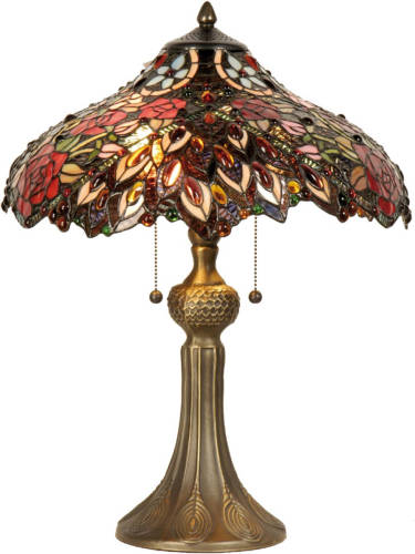 Clayre & Eef Tafellamp Tiffany Compleet 58 X ø 43 Cm - Bruin, Rood, Multi Colour - Ijzer, Glas