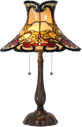 Clayre & Eef Tafellamp Met Tiffanykap Compleet 66 X ø 51 Cm - Bruin, Rood, Geel, Multi Colour - Ijzer, Glas