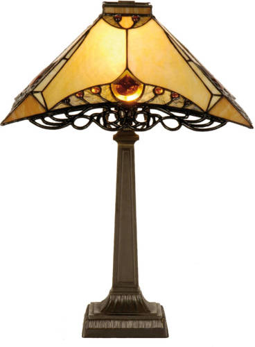 Clayre & Eef Tafellamp Tiffany Compleet 49 X ø 50 Cm Max 40w - Bruin, Ivory - Ijzer, Glas