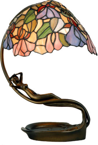 Clayre & Eef Tiffany Bureaulamp Luifel Met Metalen Vrouw Verwerkt In Voet - Oranjegroenroodpaarsroze - Glasmetaal