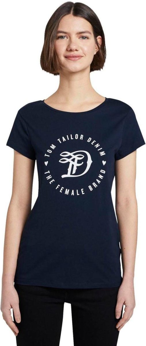 Tom Tailor Denim Shirt met korte mouwen met grote, ronde logoprint in contrastkleur