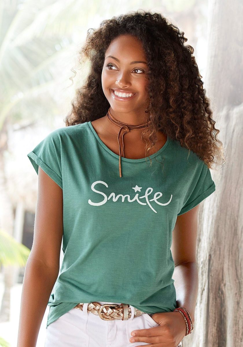 Beachtime T-shirt met modieuze gezegden frontprint "smile"