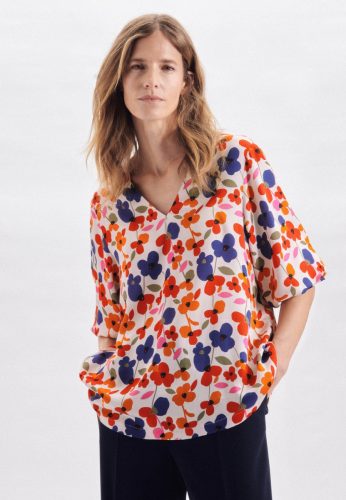 Seidensticker Shirtblouse Zwarte roos 3/4-mouwen v-hals in bloemmotief