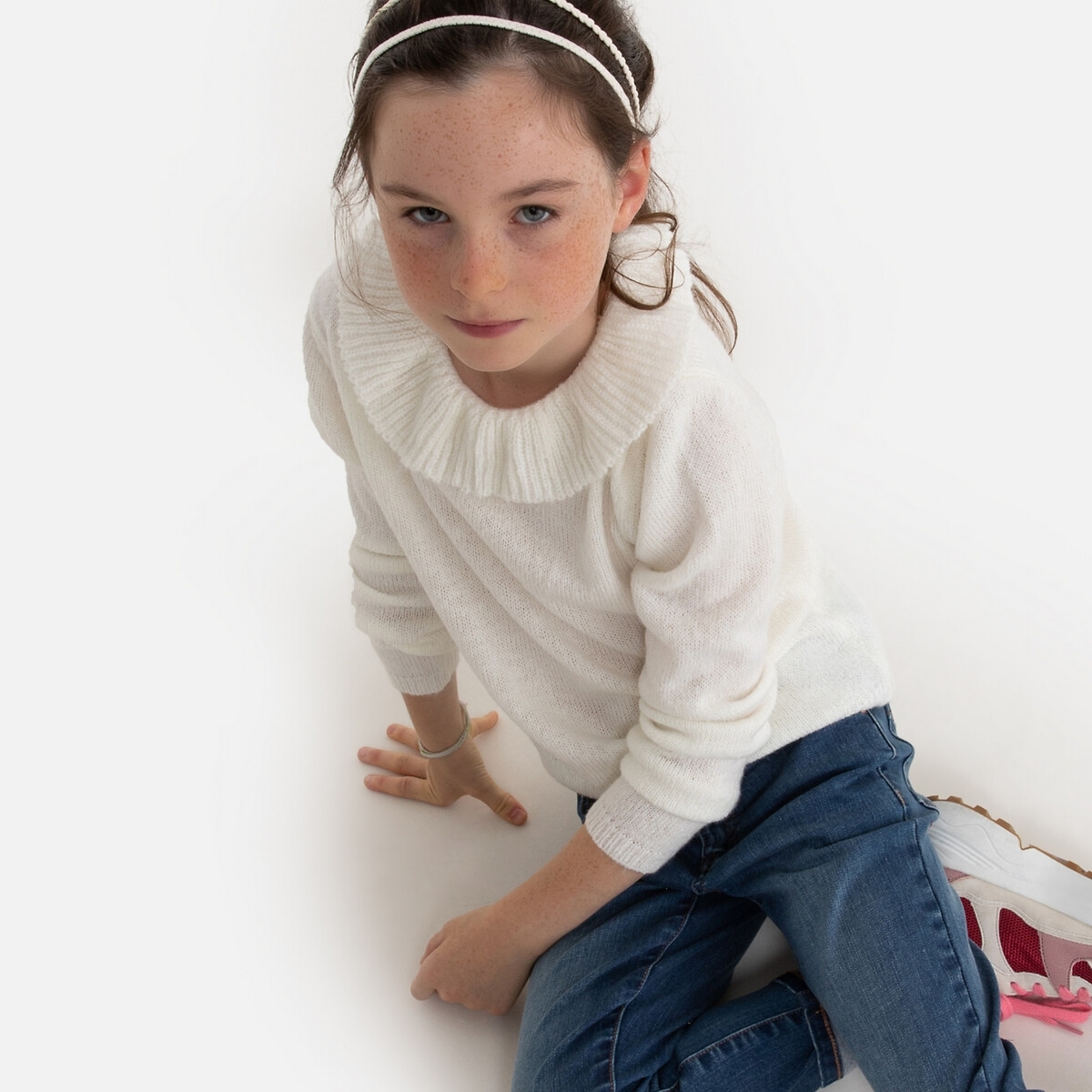 La Redoute Collections Trui met ronde hals en volant, fijn tricot 3-12 jaar