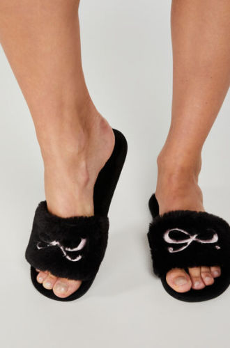 Hunkemöller Bow fake fur top slipper Zwart