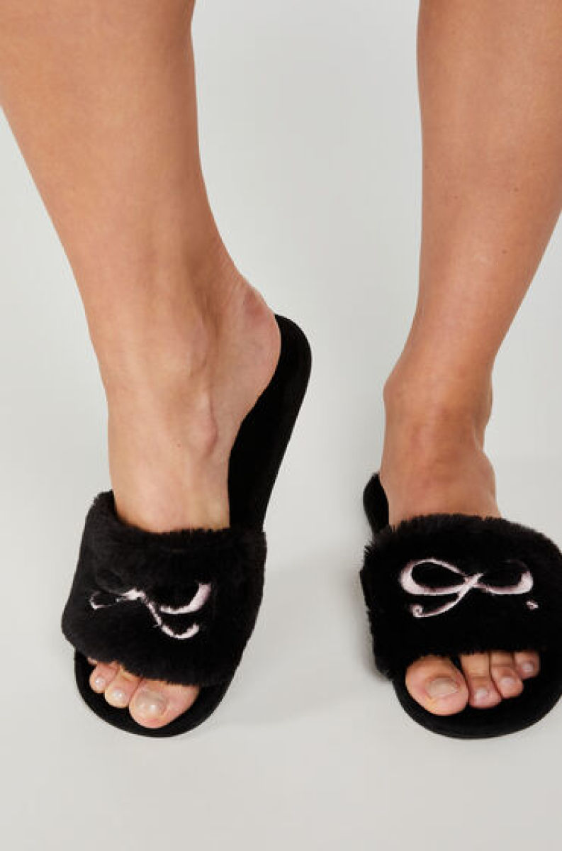 Hunkemöller Bow fake fur top slipper Zwart