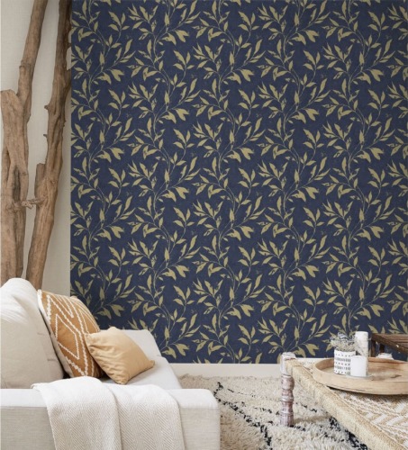DUTCH WALLCOVERINGS Behang Leafs blauw en goudkleurig
