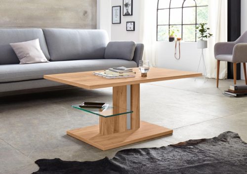PRO Line Salontafel Bergamo met functie, in hoogte verstelbaar met lift, bodemplaat, plank van glas, plaat en frame van hout, rechthoekig