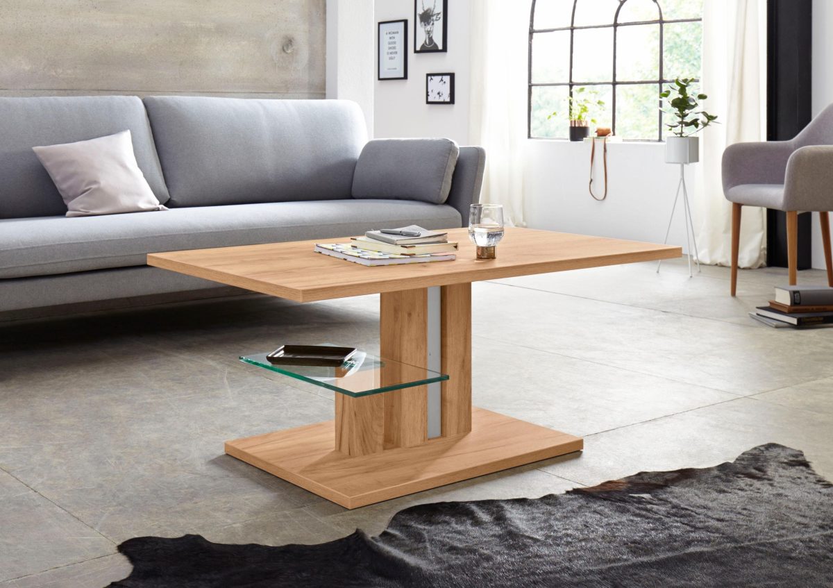 PRO Line Salontafel Bergamo met functie, in hoogte verstelbaar met lift, bodemplaat, plank van glas, plaat en frame van hout, rechthoekig