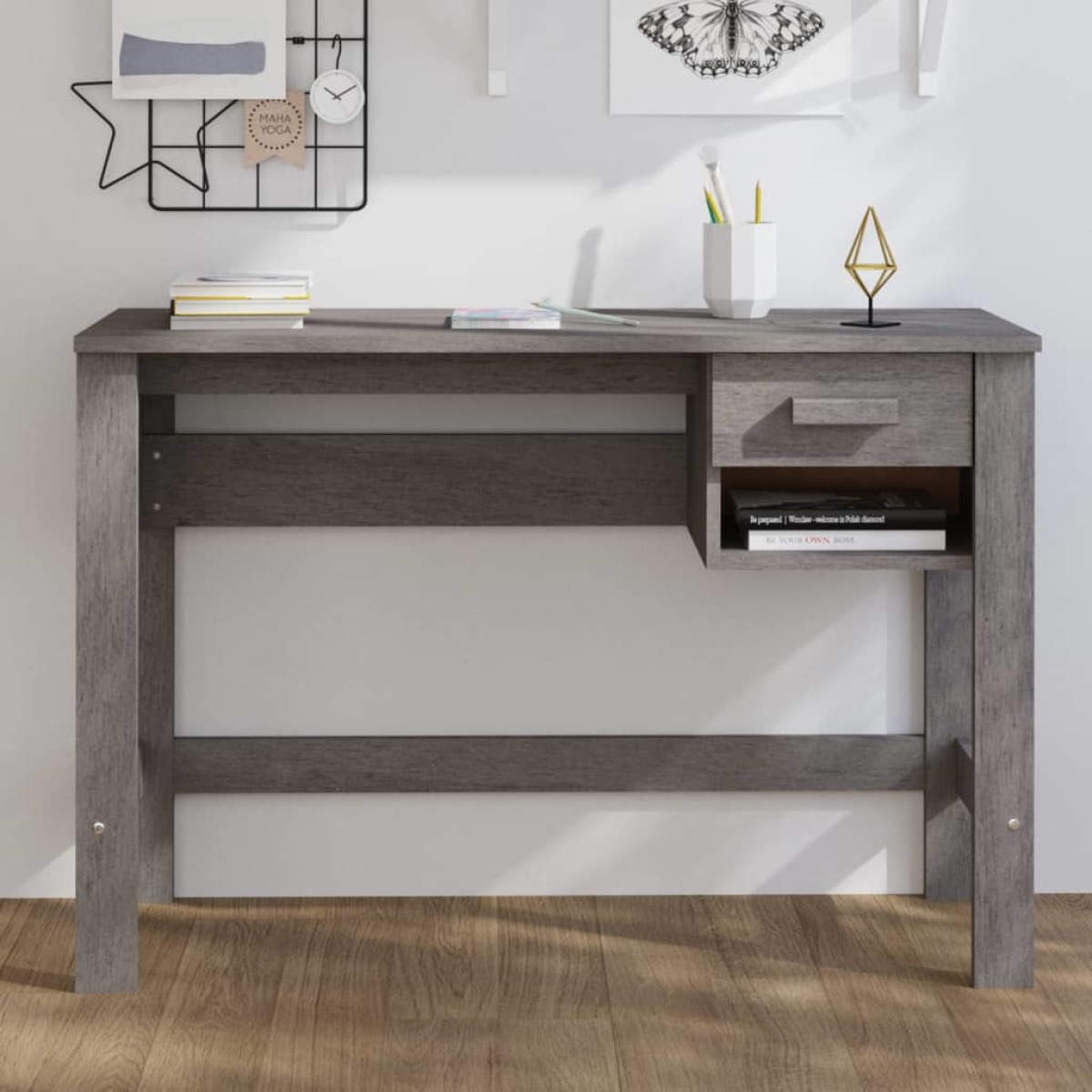 VidaXL Bureau 110x40x75 cm massief grenenhout lichtgrijs
