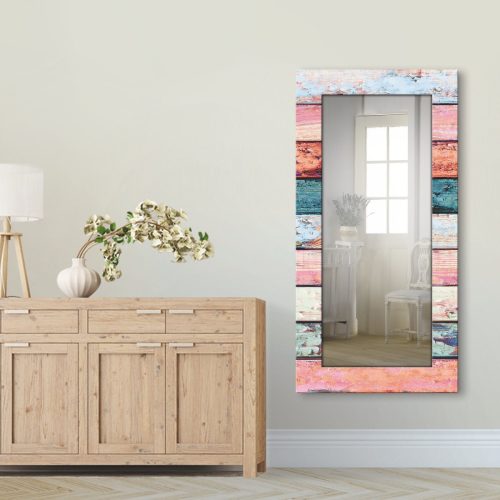 Artland Sierspiegel Veelkleurige houten planken ingelijste spiegel voor het hele lichaam met motiefrand, geschikt voor kleine, smalle hal, halspiegel, mirror spiegel omrand om op te hangen