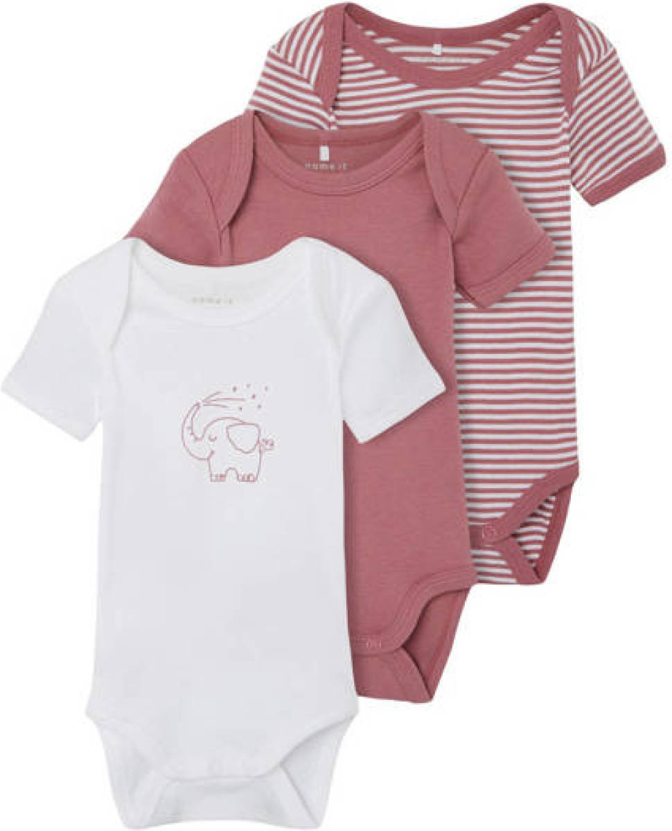 NAME IT BABY romper - set van 3 donker oudroze/wit