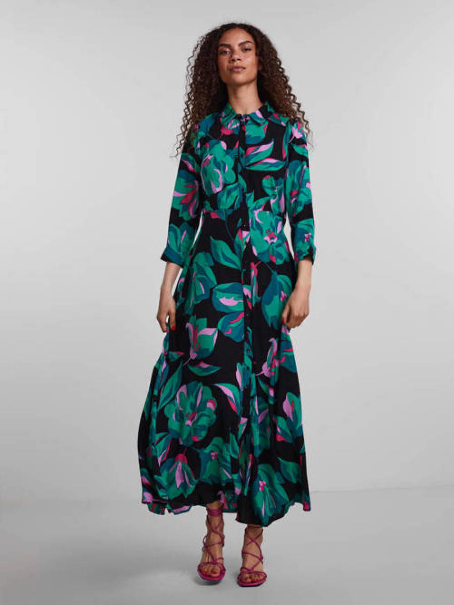 Y.A.S maxi blousejurk YASSAVANNA met bladprint zwart/ turquoise